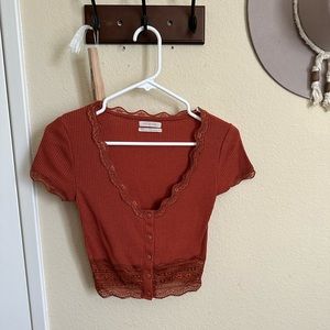 Urban Outfitters Short Sleeve Henley Crop Top - Rust